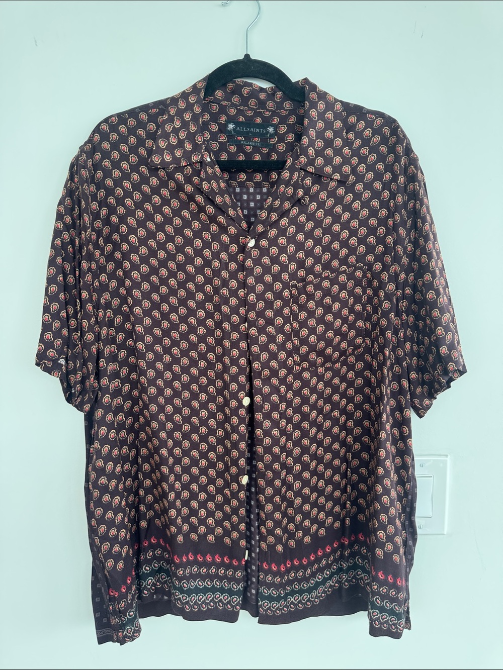 All Saints Brown Paisley-Print Short Sleeve Button-Down Shirt